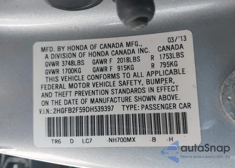 2013 Honda Civic Lx from USA, damaged, VIN 2HGFB2F59DH539397